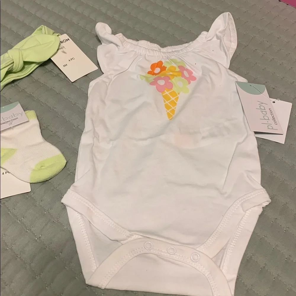 Nordstrom White & Lime Green Tutu Romper Ice Cream Floral Graphic NEW Size 6 Mo